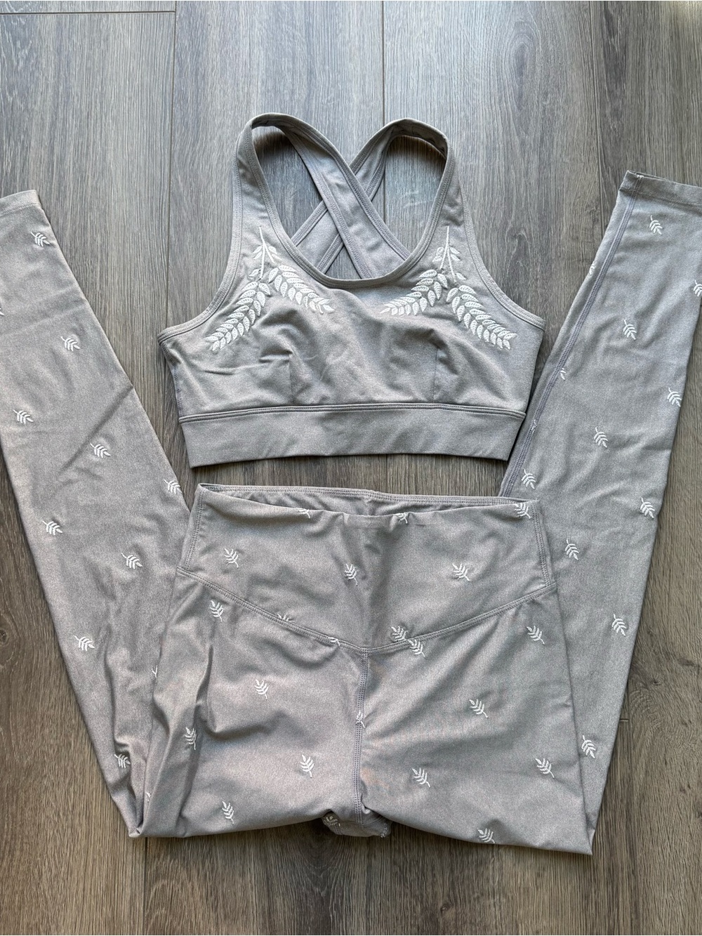 Alala Laurel Gray Embroidered Crossback Sports Bra & Leggings Set